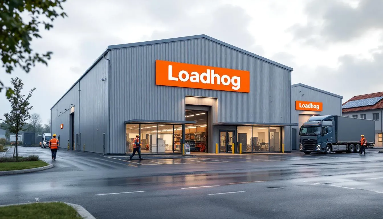 Façade de l'usine Loadhog à Obernai, parvis et camion de livraison, ouvriers en gilets jaunes