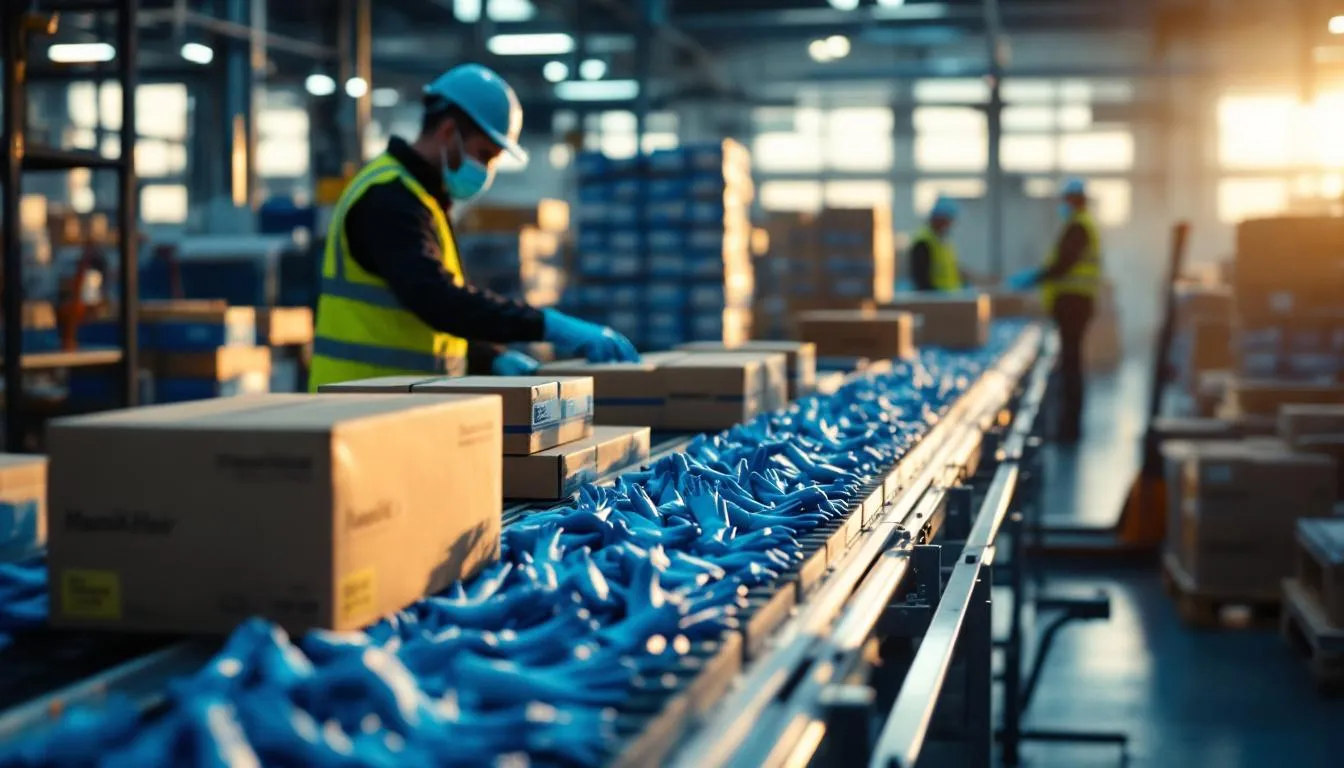 Intérieur de l'usine ManiKHeir en Sarthe, chaîne de production et palettes de gants nitrile