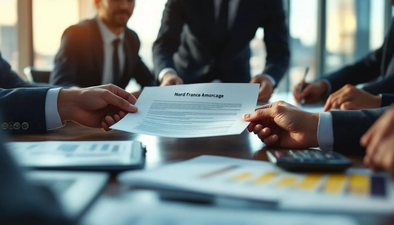 Réunion d'investisseurs en salle de réunion avec documents financiers illustrant l'augmentation de capital de Nord France Amorçage