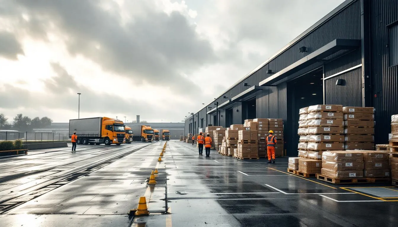 Quai logistique de Normandise Pet Food : palettes prêtes à l'export étiquetées Canada, Mexique et Royaume‑Uni, camions et ouvriers en gilets au chargement