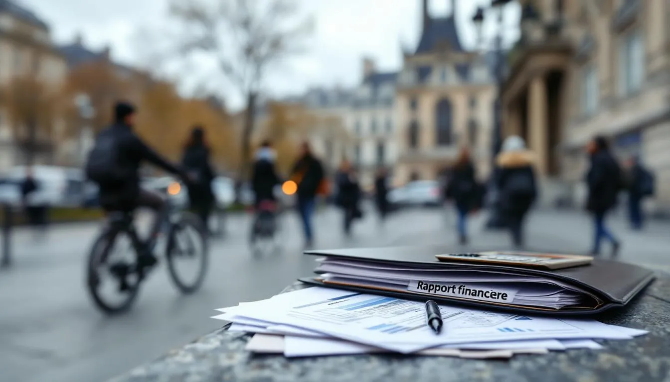 Rapport financier au premier plan sur un banc, façade municipale parisienne floue en arrière‑plan, ciel gris