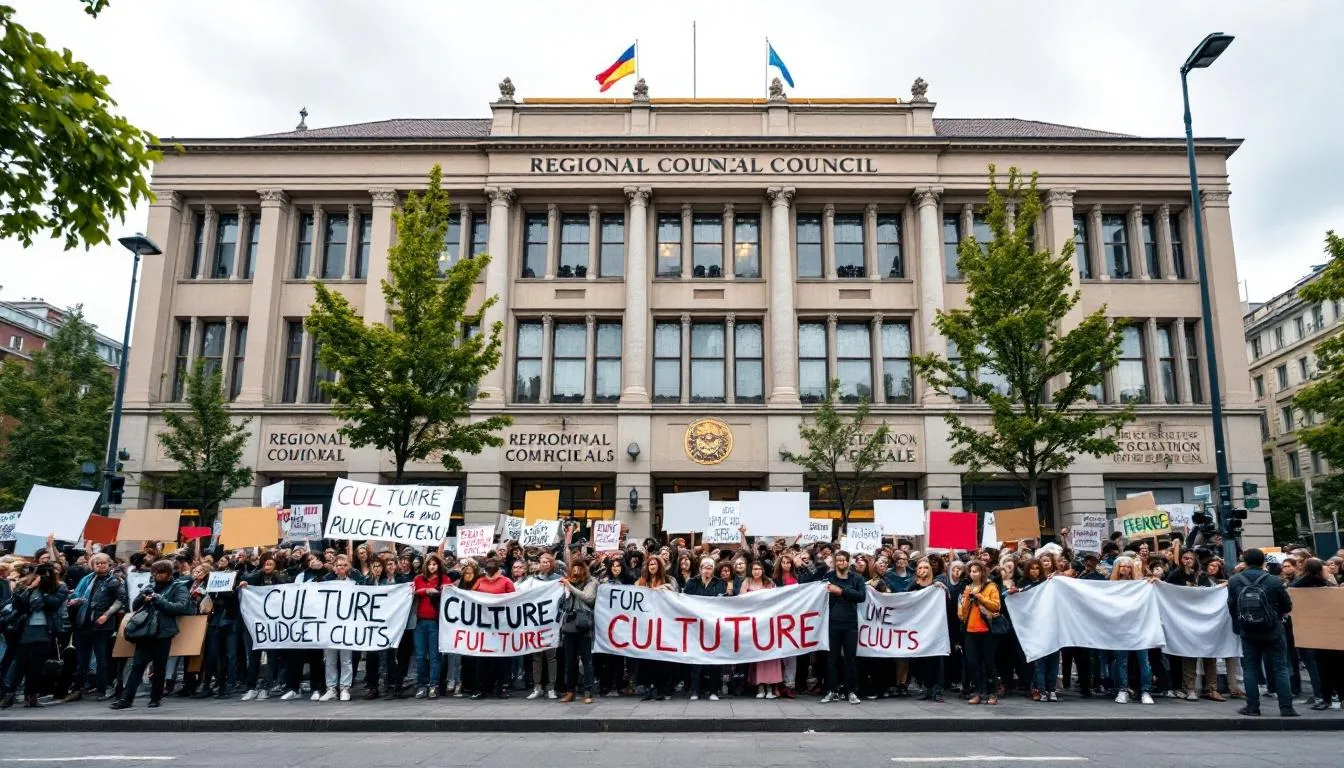 Manifestation devant le conseil régional des Pays de la Loire contre les coupes budgétaires, foule et banderoles