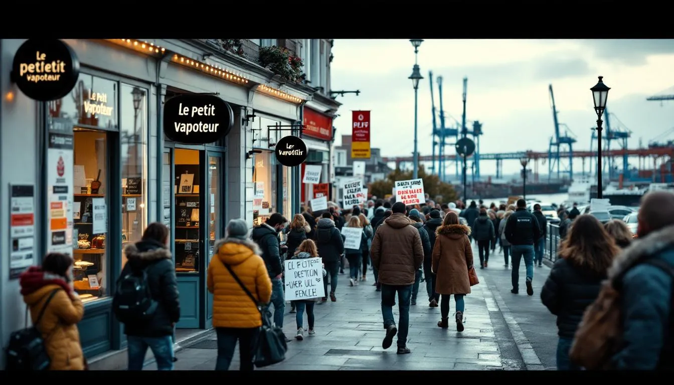 Manifestation pacifique devant la boutique Le Petit Vapoteur à Cherbourg, banderoles et habitants