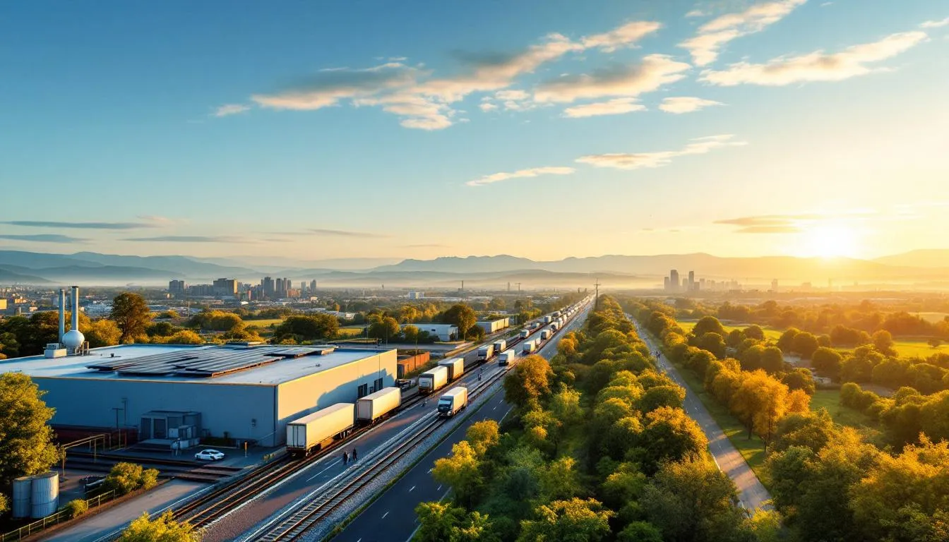 Vue panoramique industrielle et urbaine en Auvergne‑Rhône‑Alpes au coucher de soleil, ciel clair, train de fret et circulation propre