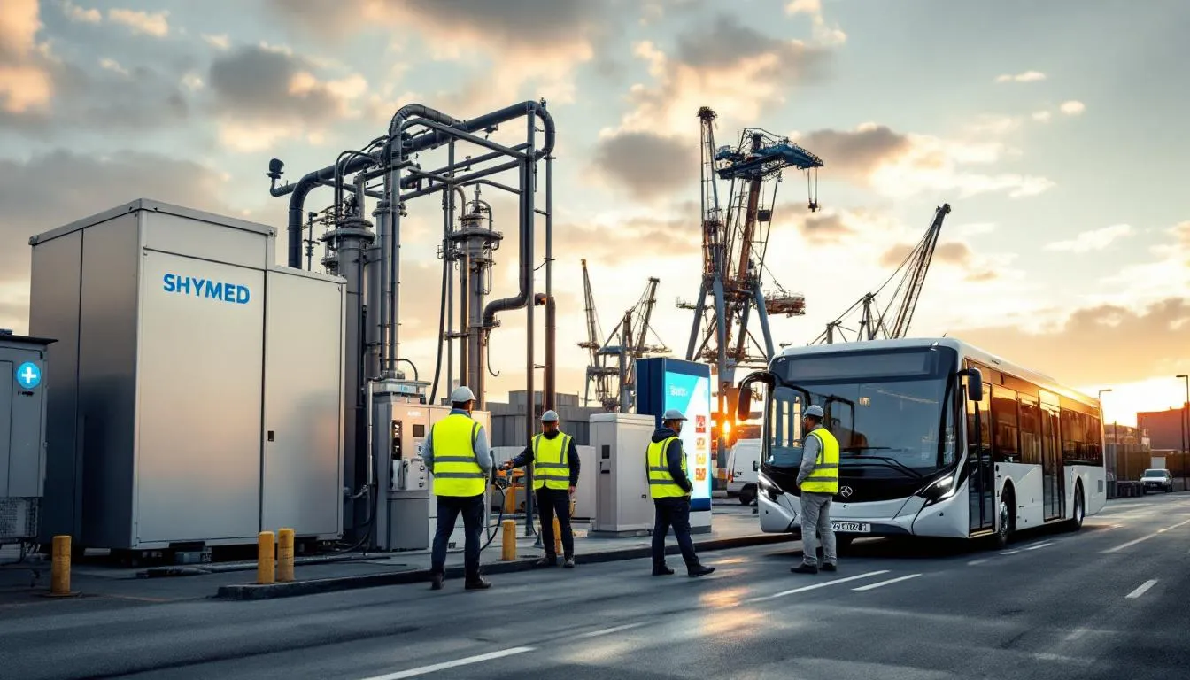 Station SHYMED à Petite‑Synthe : électrolyseur, borne de ravitaillement et bus en cours de remplissage