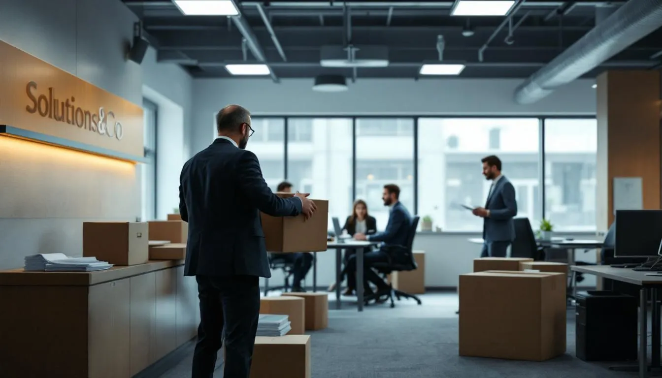 Open space de Solutions&Co avec cartons et employés inquiets lors de la réorganisation