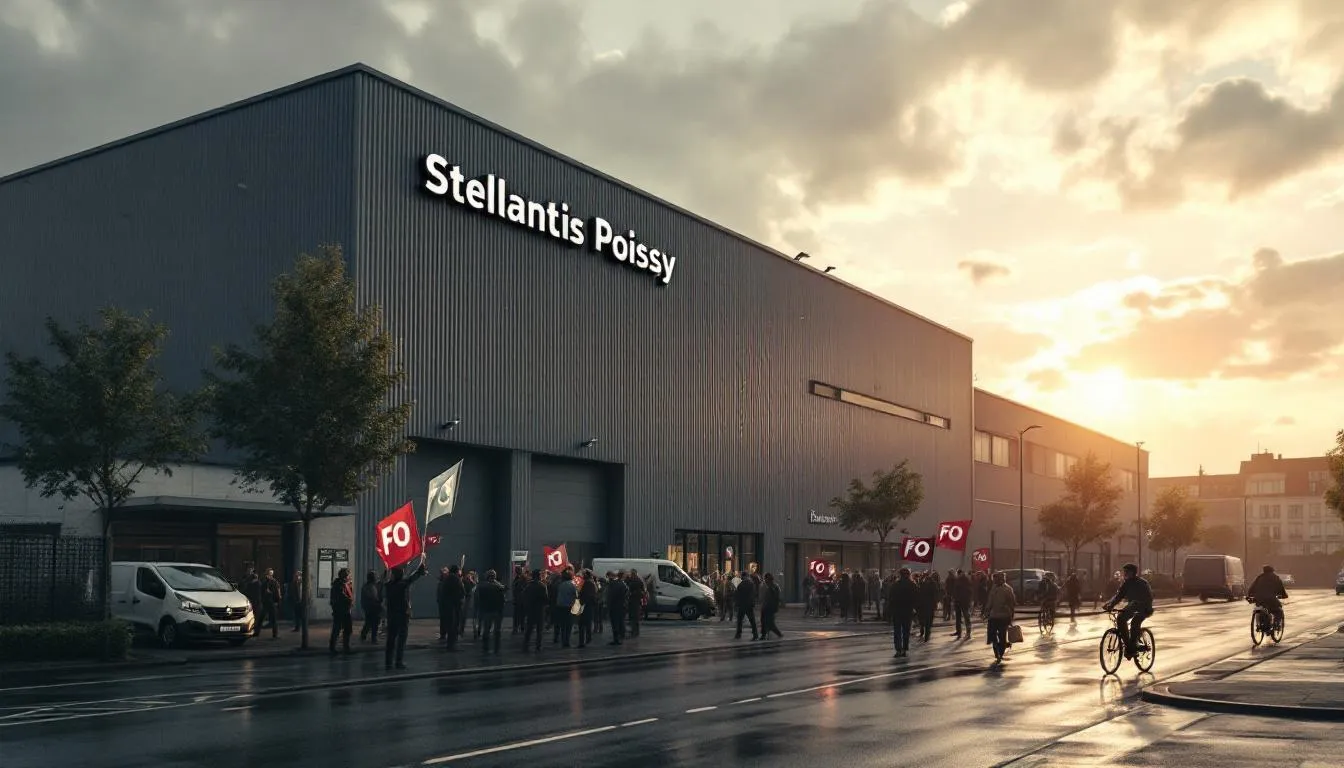 Usine Stellantis de Poissy, parvis animé avec salariés et banderoles FO, ambiance nuageuse et documentaire