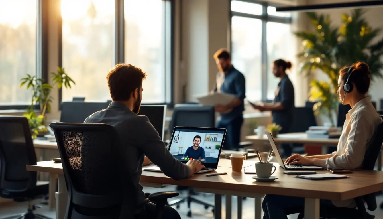 Open-space en Pays de la Loire avec employés en mode hybride et un télétravailleur en visioconférence