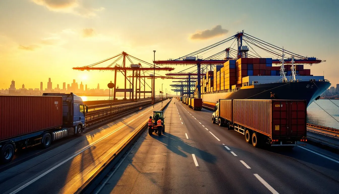 Port à conteneurs Nantes–Saint‑Nazaire : navire, grues et camions au coucher de soleil