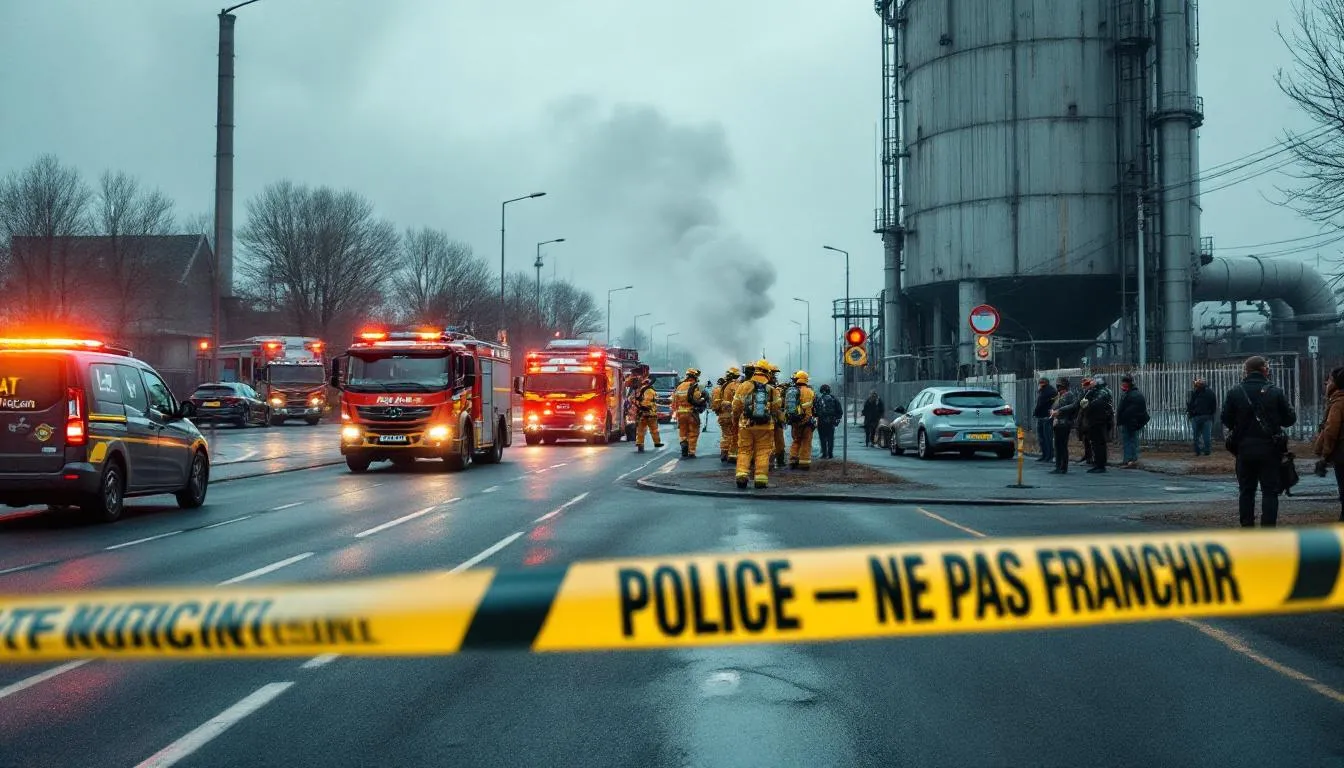Intervention sur le site LAT Nitrogen au Grand‑Quevilly : pompiers en tenue hazmat, véhicules de secours et cordon de sécurité