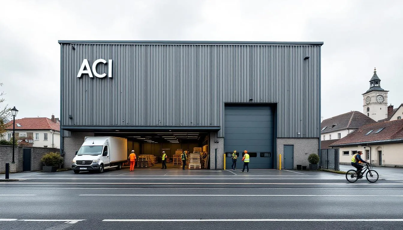 Façade industrielle ACI à Besançon, parvis animé et salariés en gilets haute visibilité