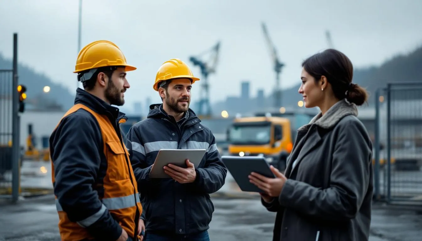 Cadres et ingénieurs discutant devant un site industriel en Auvergne‑Rhône‑Alpes, manager avec tablette affichant des graphiques salarials