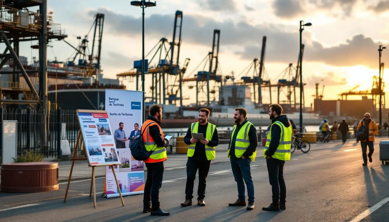 Réunion sur la transition industrielle à Saint‑Nazaire, parvis portuaire animé et banderole Banque des Territoires