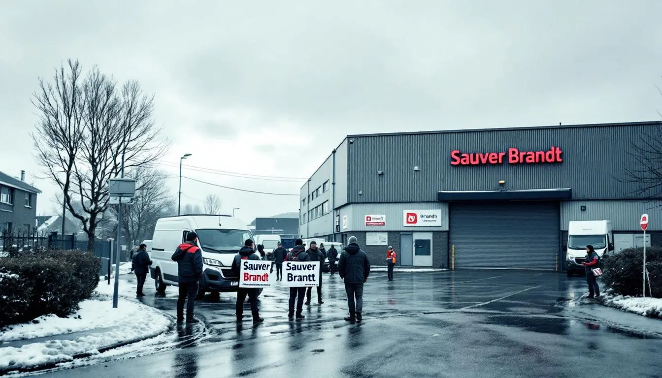 Usine Brandt en Centre‑Val de Loire, façade industrielle et piquet de grève