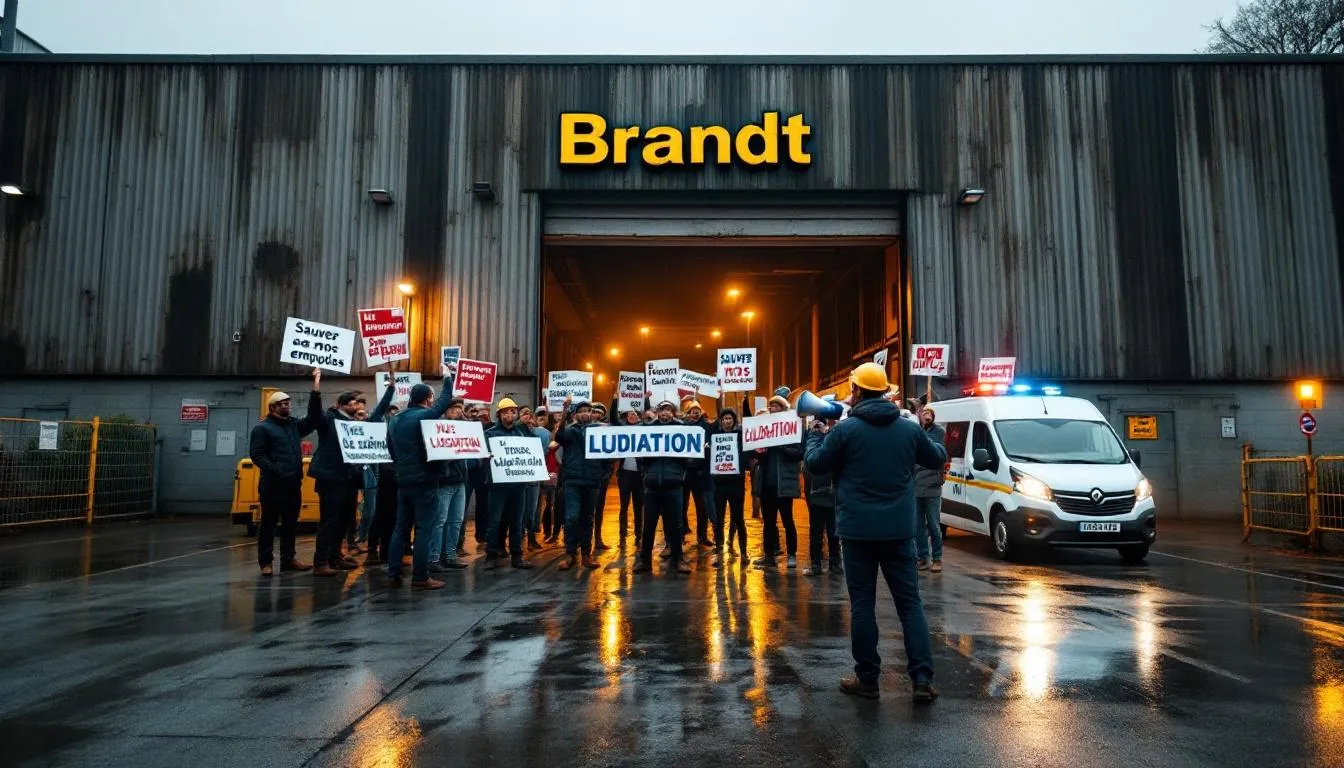 Entrée d'usine Brandt avec salariés rassemblés et pancartes 'Liquidation' au Grand Est