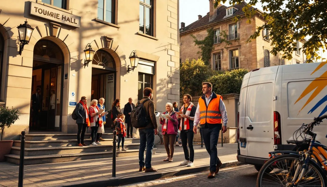 Mairie de Collonges‑au‑Mont‑d'Or, parvis animé après le conseil municipal