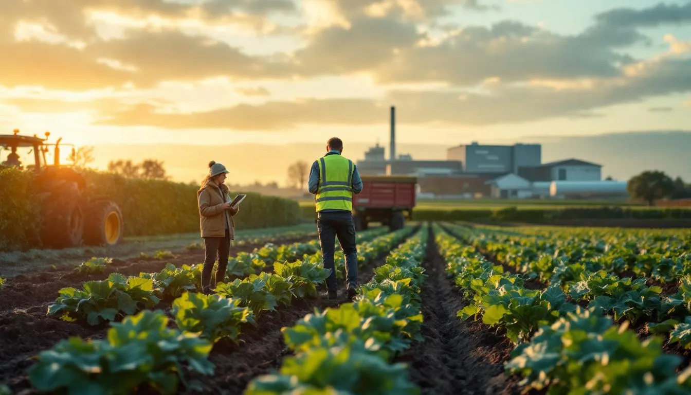 Agriculteurs dans un champ de betteraves avec une sucrerie Cristal Union en arrière-plan, lumière de golden hour