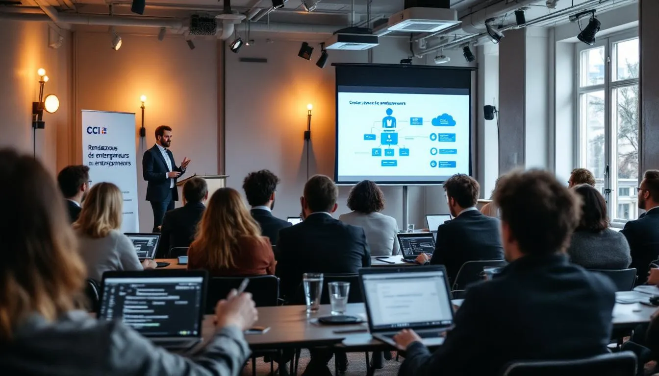 Table ronde sur la cybersécurité aux Rendez‑vous des entrepreneurs, Amiens, intervenant au pupitre et participants avec ordinateurs