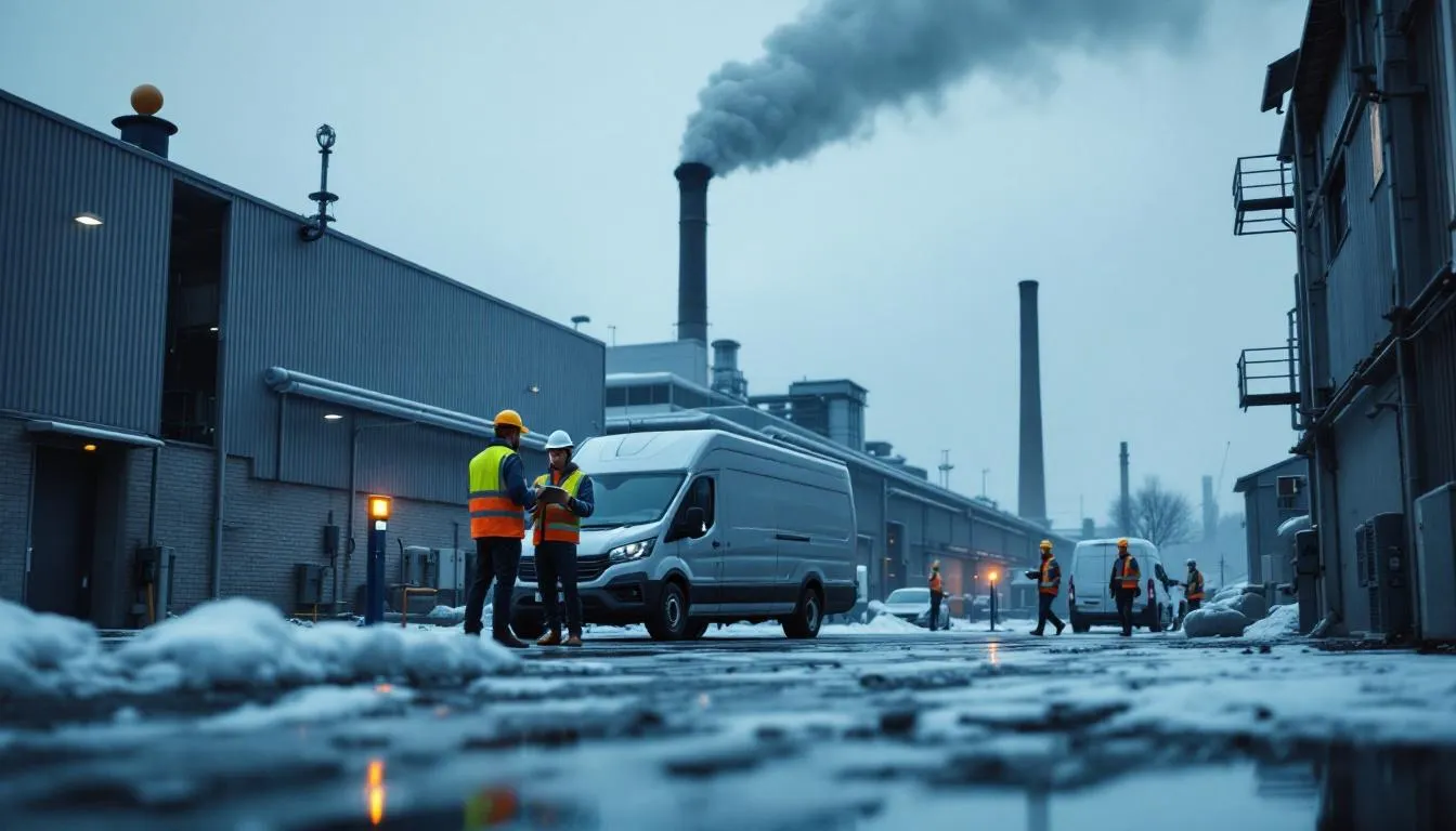 Site industriel en Bourgogne‑Franche‑Comté avec ingénieurs, panneaux solaires et équipements de décarbonation