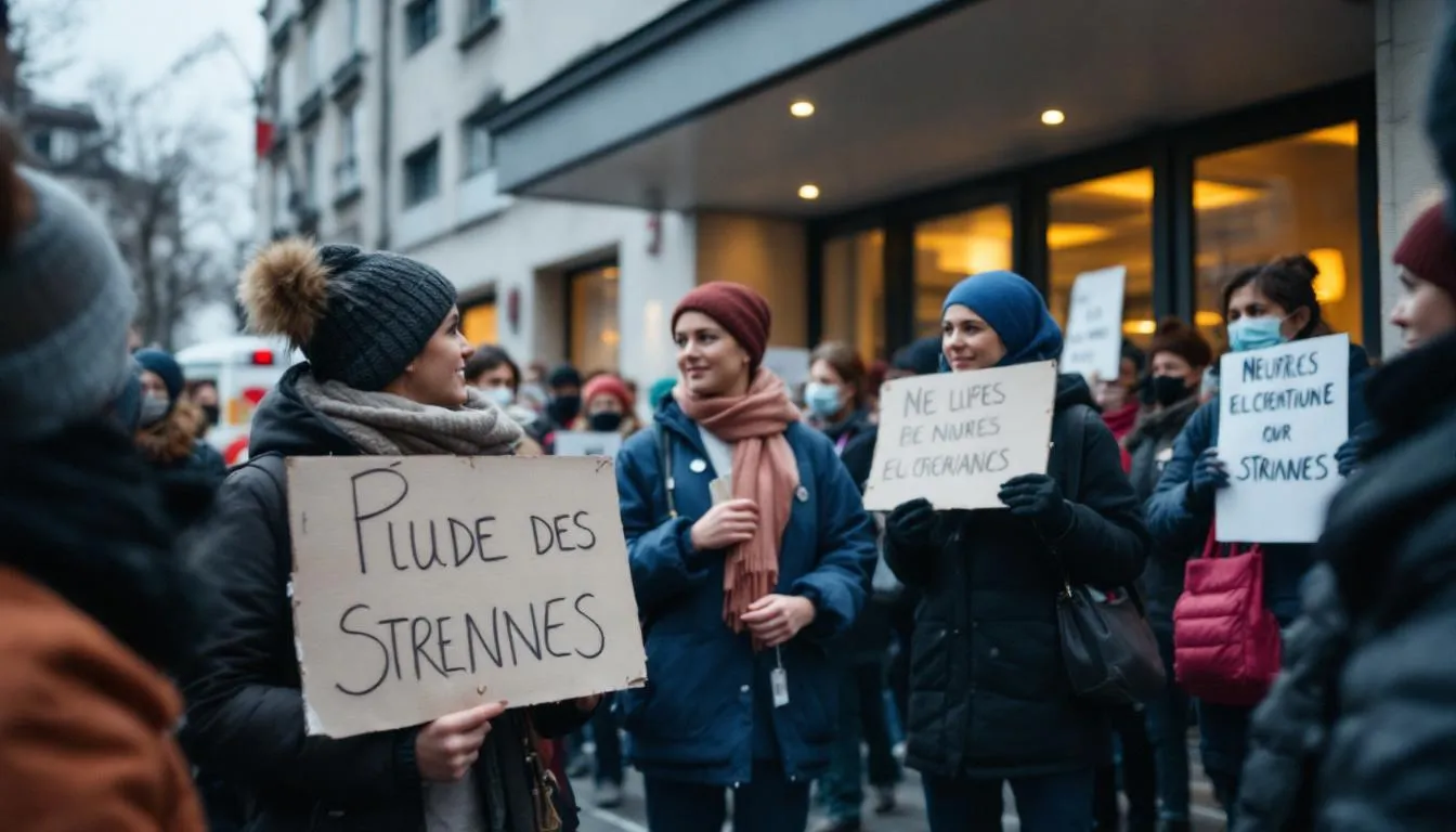 Manifestation de soignants devant l'hôpital de Digne‑les‑Bains, banderoles et personnel en tenue