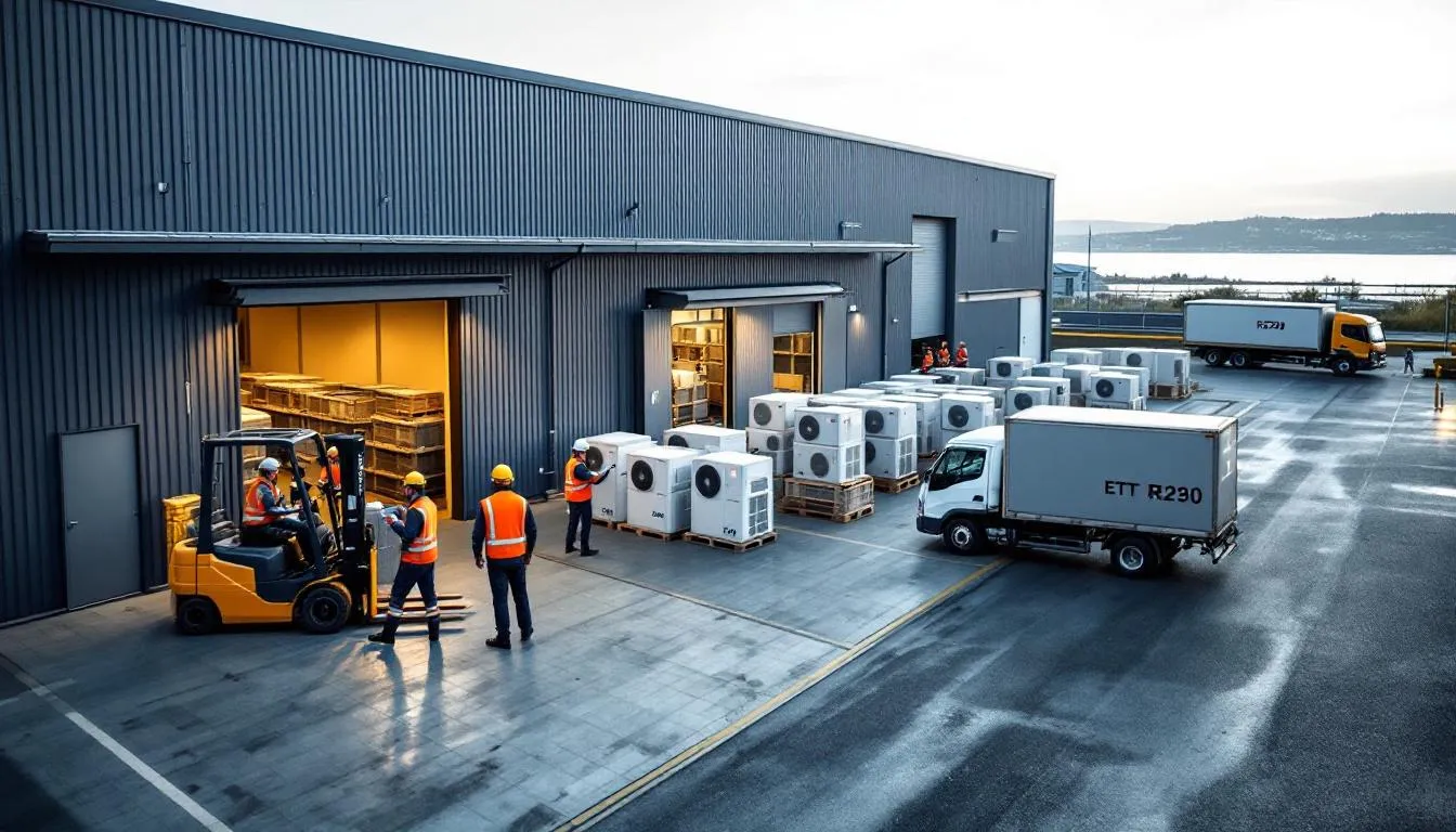 Usine ETT près de Brest, parvis animé et unités rooftop R290 prêtes à l'expédition