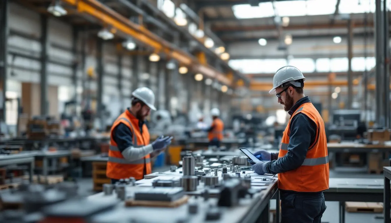 Atelier industriel en Bourgogne‑Franche‑Comté avec techniciens et ligne de production (France 2030)