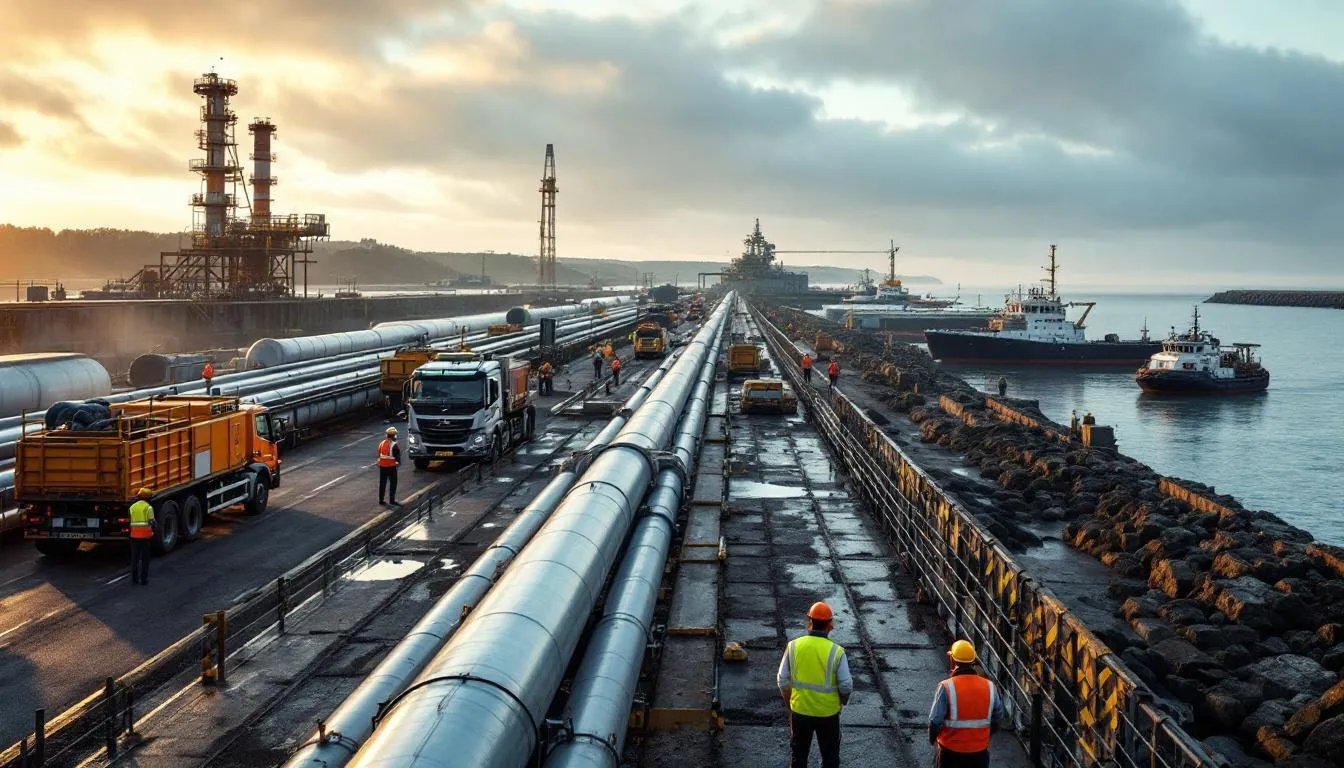 Terminal portuaire et pipeline GOCO2 à Montoir‑de‑Bretagne, vue d’ensemble au crépuscule, opérateurs et véhicules sur le quai