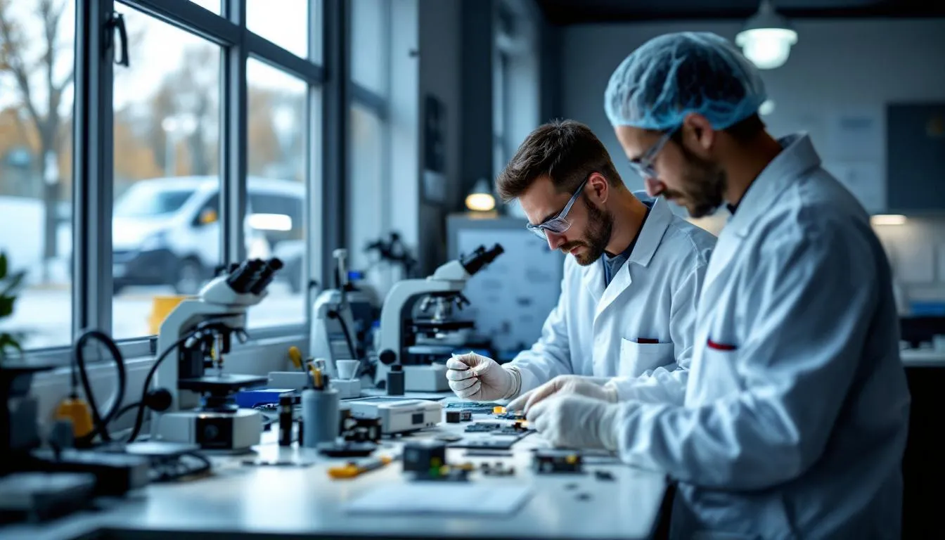 Techniciens en atelier R&D assemblant composants optiques, soutien industriel en Île-de-France