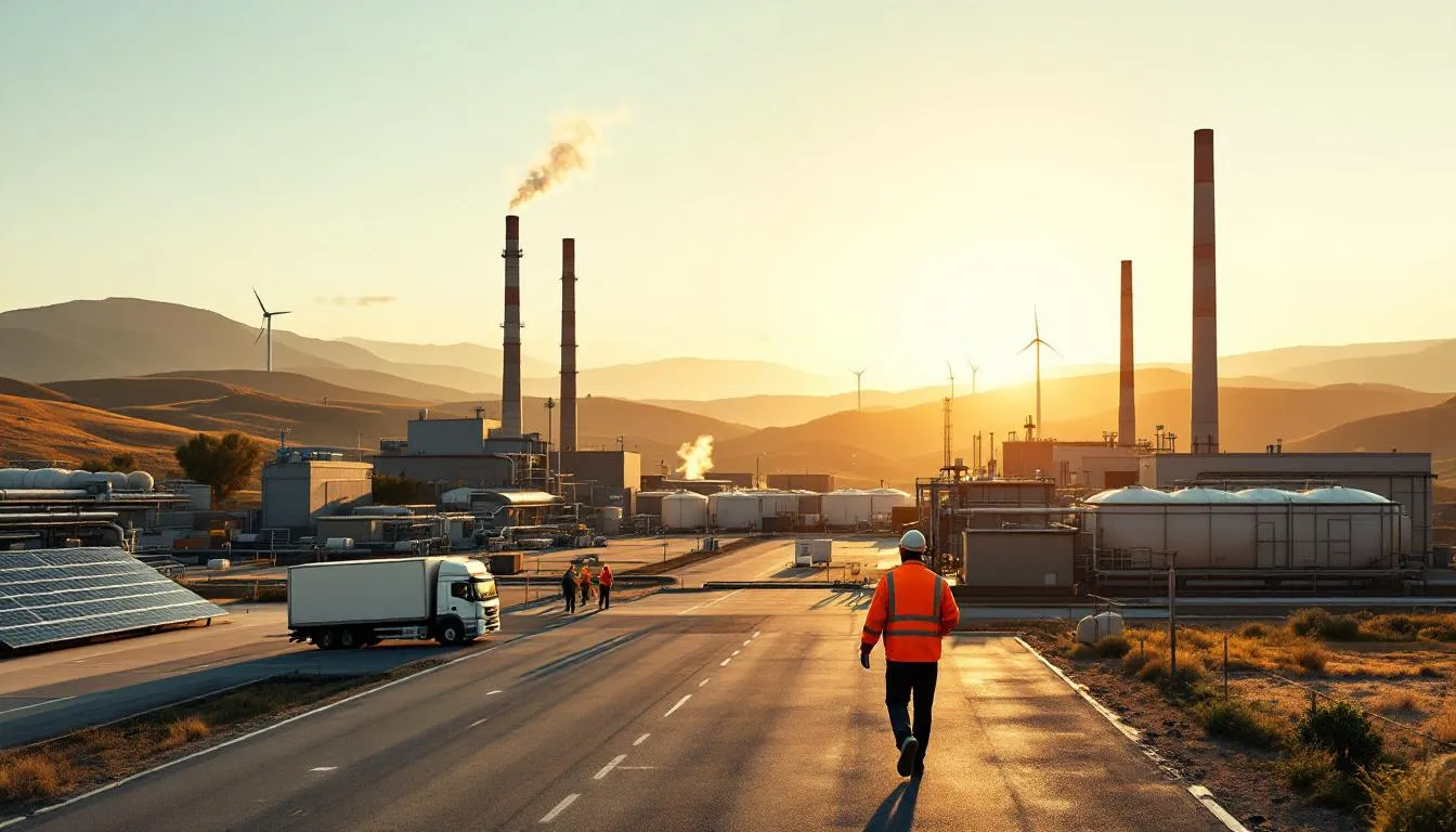 Site industriel en Occitanie au coucher de soleil avec panneaux solaires et éoliennes en arrière‑plan