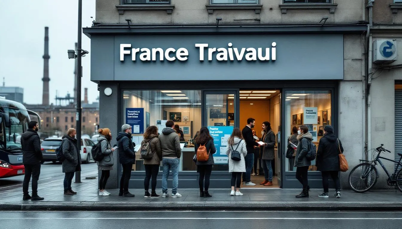 File d'attente devant une agence France Travail en Hauts‑de‑France, ambiance urbaine et travailleurs