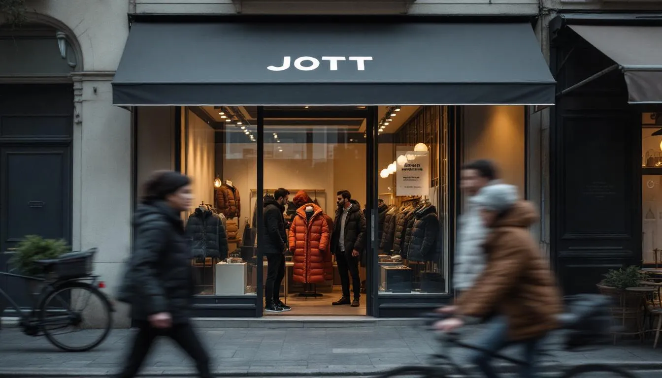 Façade de la boutique JOTT à Marseille, vitrine de doudounes et avis de redressement judiciaire