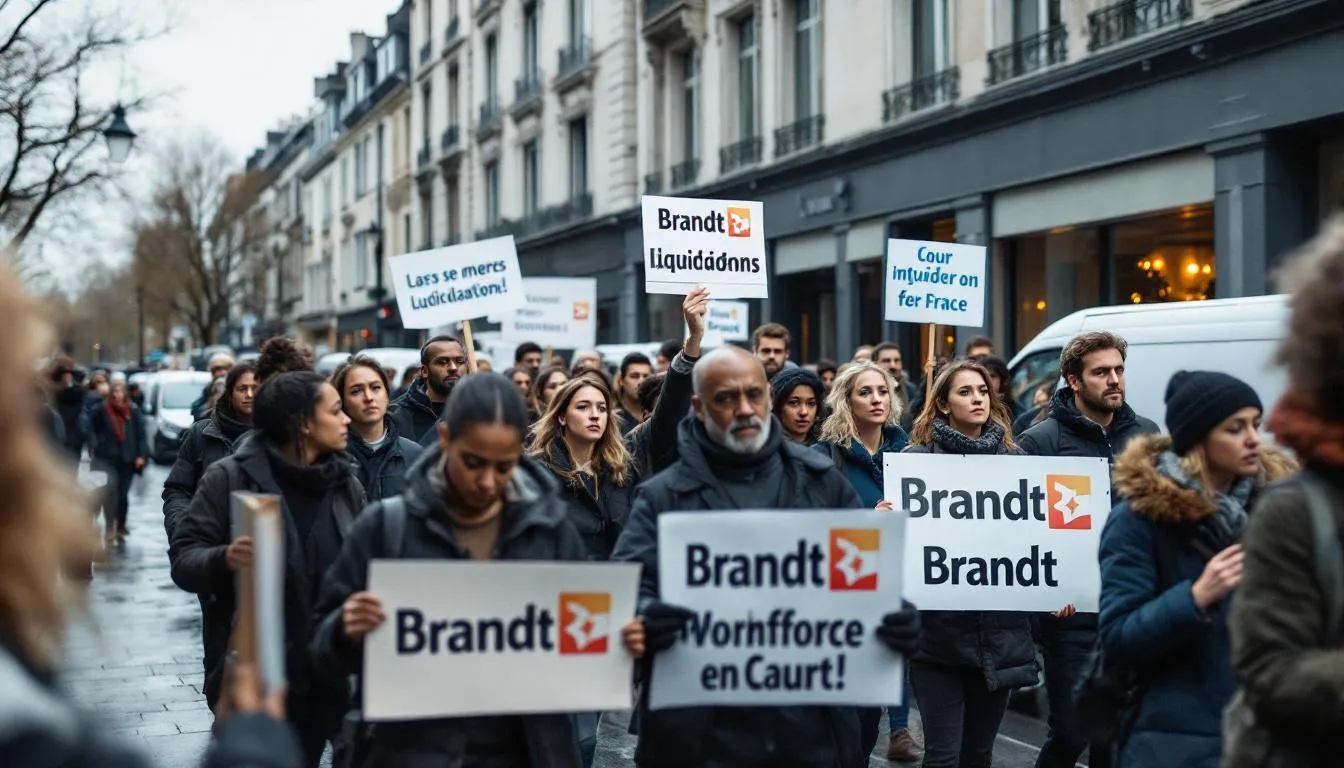 Rassemblement de salariés Brandt devant un bureau en Île‑de‑France, pancartes et ambiance sombre
