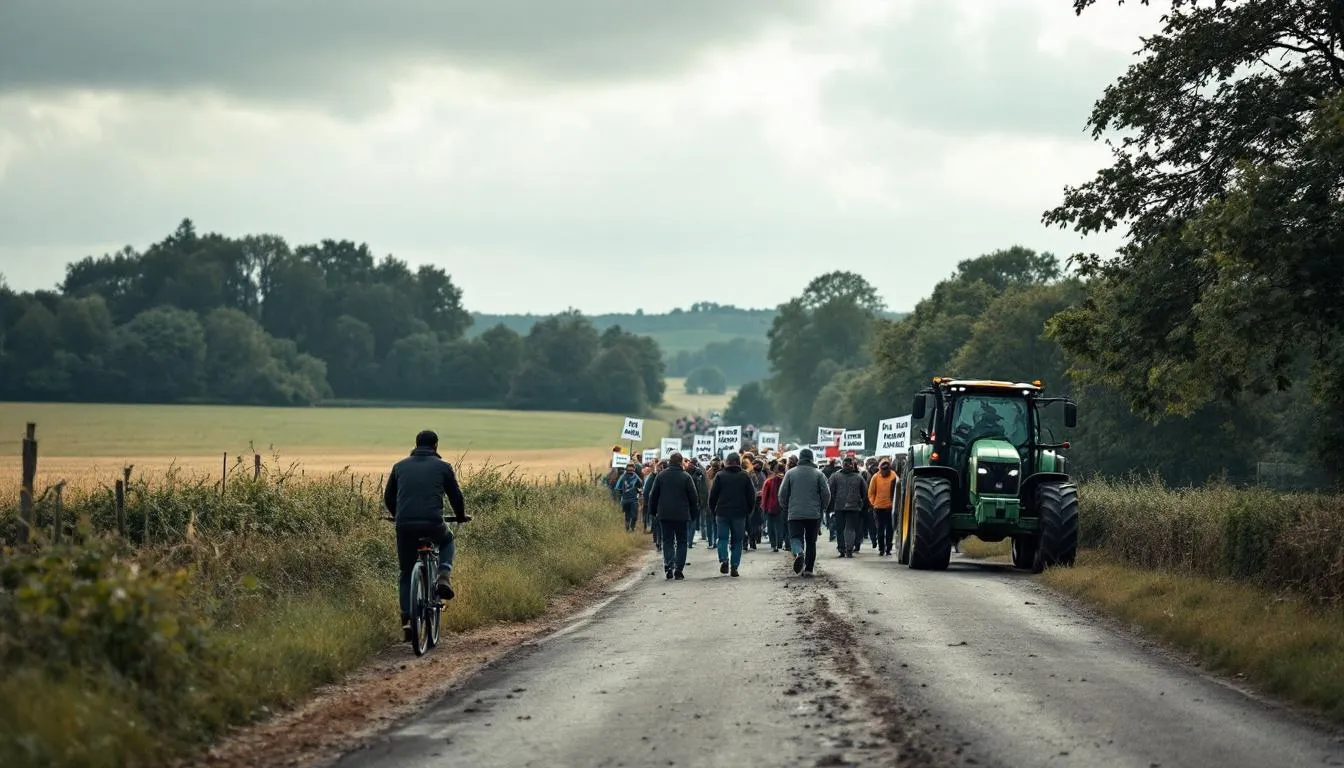 Manifestation contre le permis Bélénos en Anjou, banderoles et paysage rural