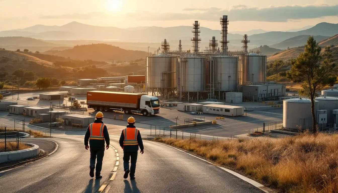 Panorama de la plateforme chimique de Roussillon au coucher du soleil, techniciens et cuves industrielles