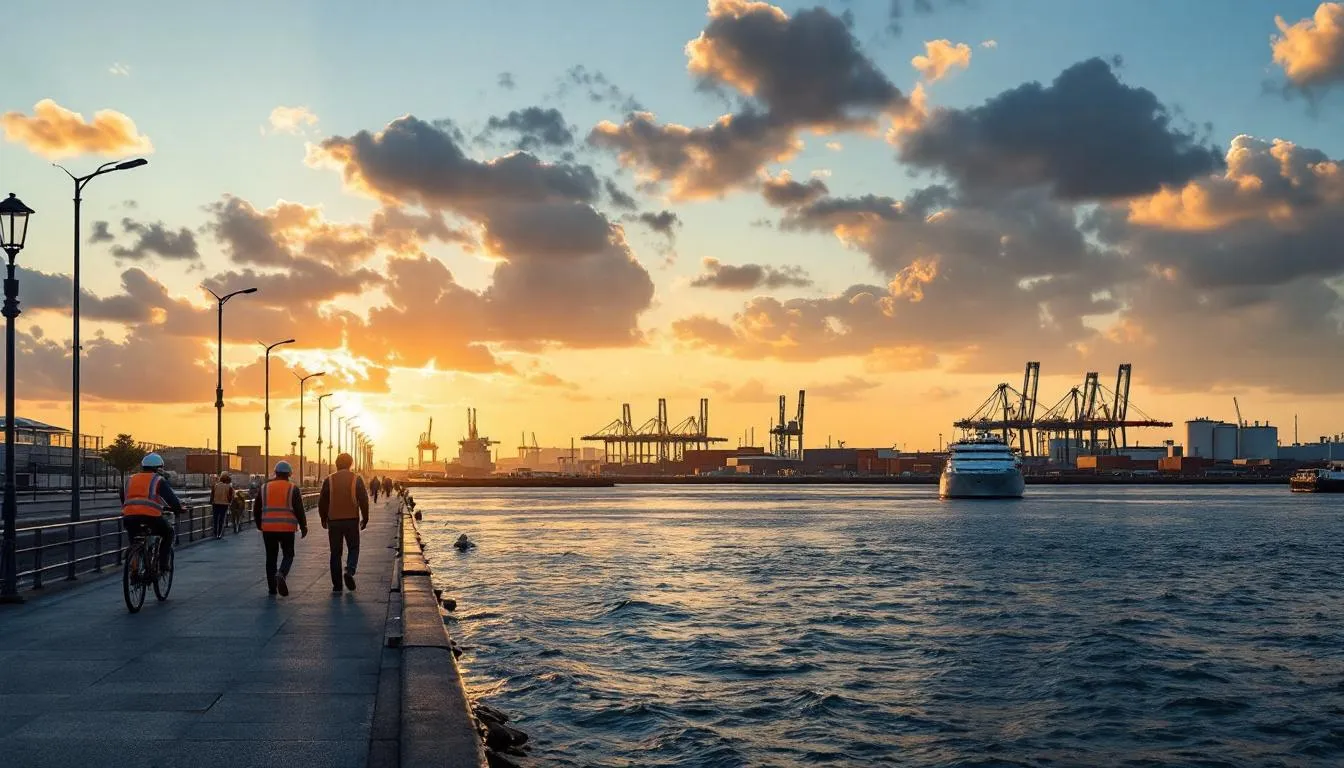 Port de Bordeaux au coucher de soleil, quais industriels, grues et installations énergétiques