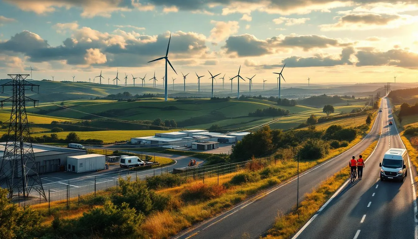 Parc industriel, pylône électrique et éoliennes en Nouvelle‑Aquitaine au coucher de soleil