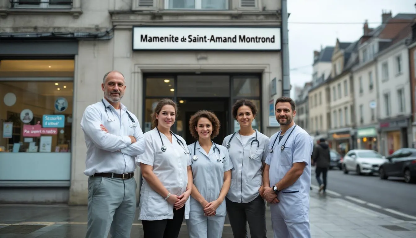 Entrée de la maternité de Saint‑Amand‑Montrond avec des professionnels de santé manifestant et des pancartes