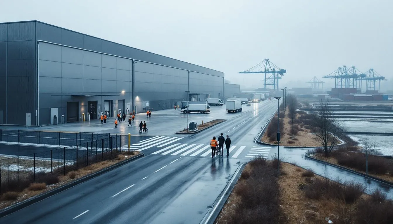 Parvis et façade d'une gigafactory de la vallée de la batterie, Hauts‑de‑France, parvis animé