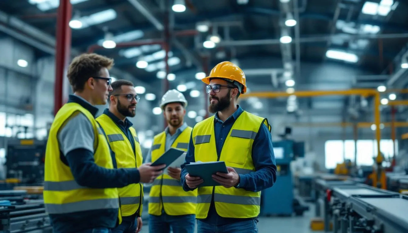 Atelier industriel en Centre‑Val de Loire : techniciens et consultant avec tablette lors d'un diagnostic 'Usine du Futur'