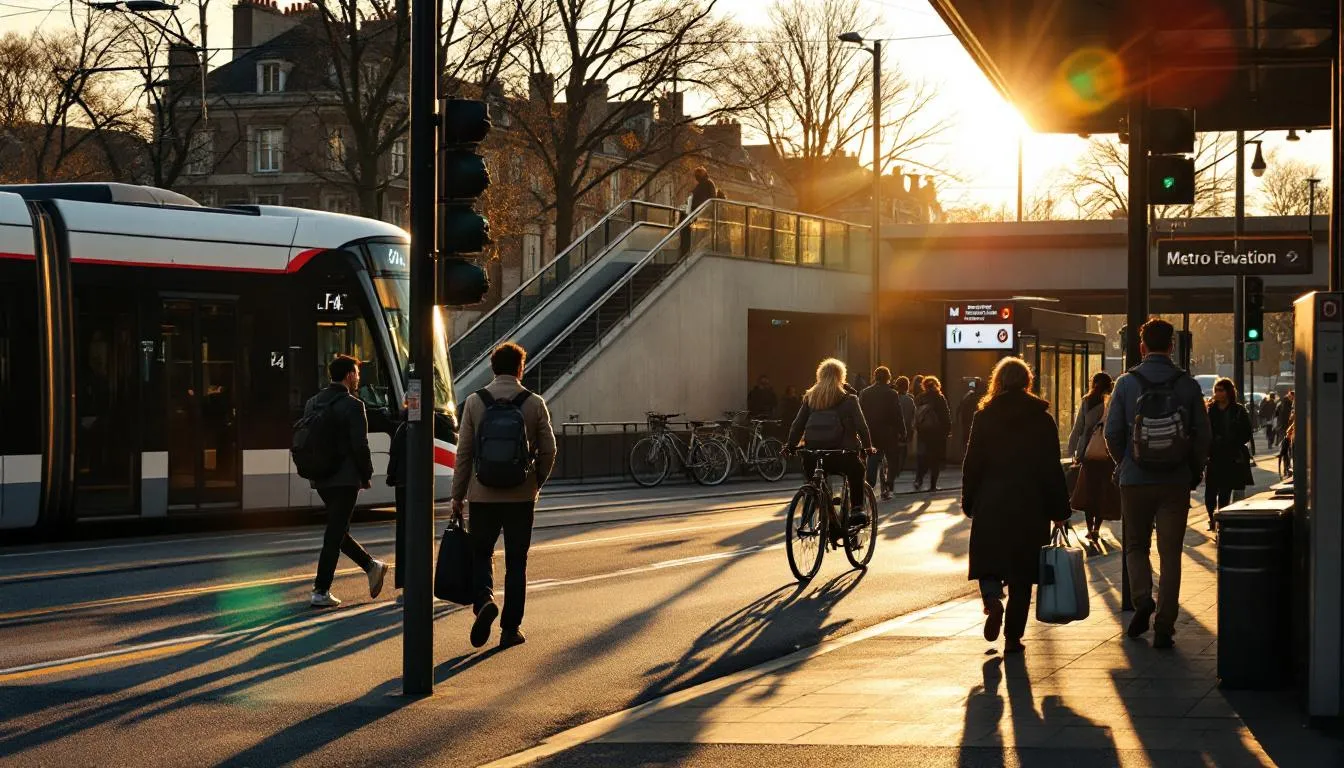 Usagers effectuant correspondances tram, bus et métro dans un pôle d'échange périphérique en Île‑de‑France