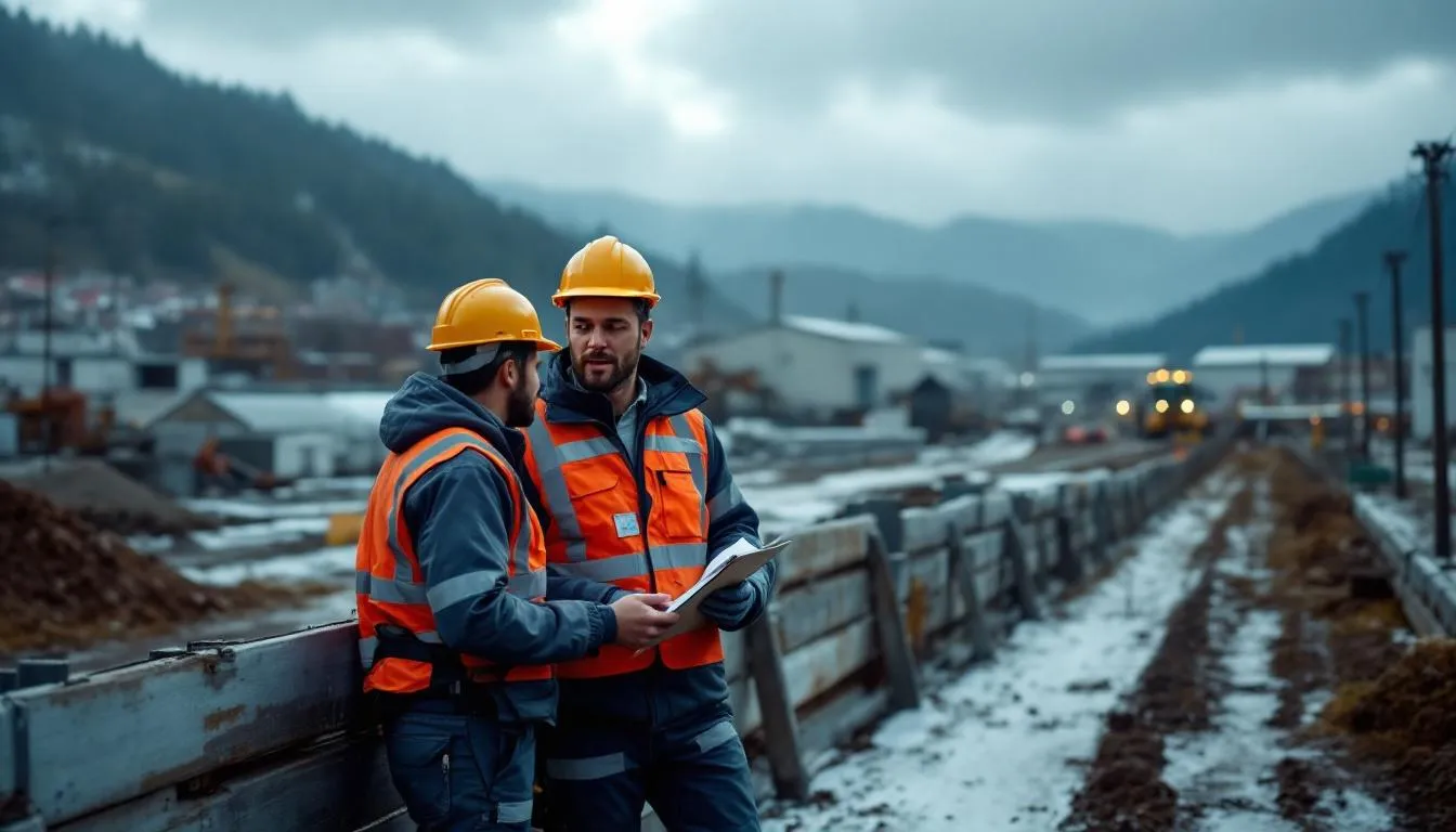 Chantier industriel et grue au repos en Bourgogne‑Franche‑Comté, ouvriers rares sous ciel nuageux