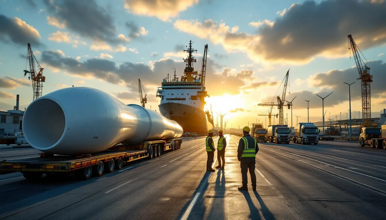 Port de Cherbourg animé : chantier naval, grues et logistique EMR au petit matin