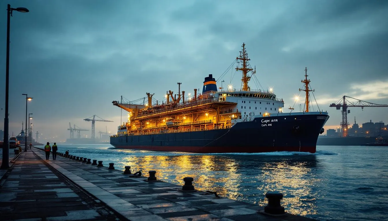 Départ du terminal méthanier Cape Ann, FSRU quittant le port du Havre au petit matin