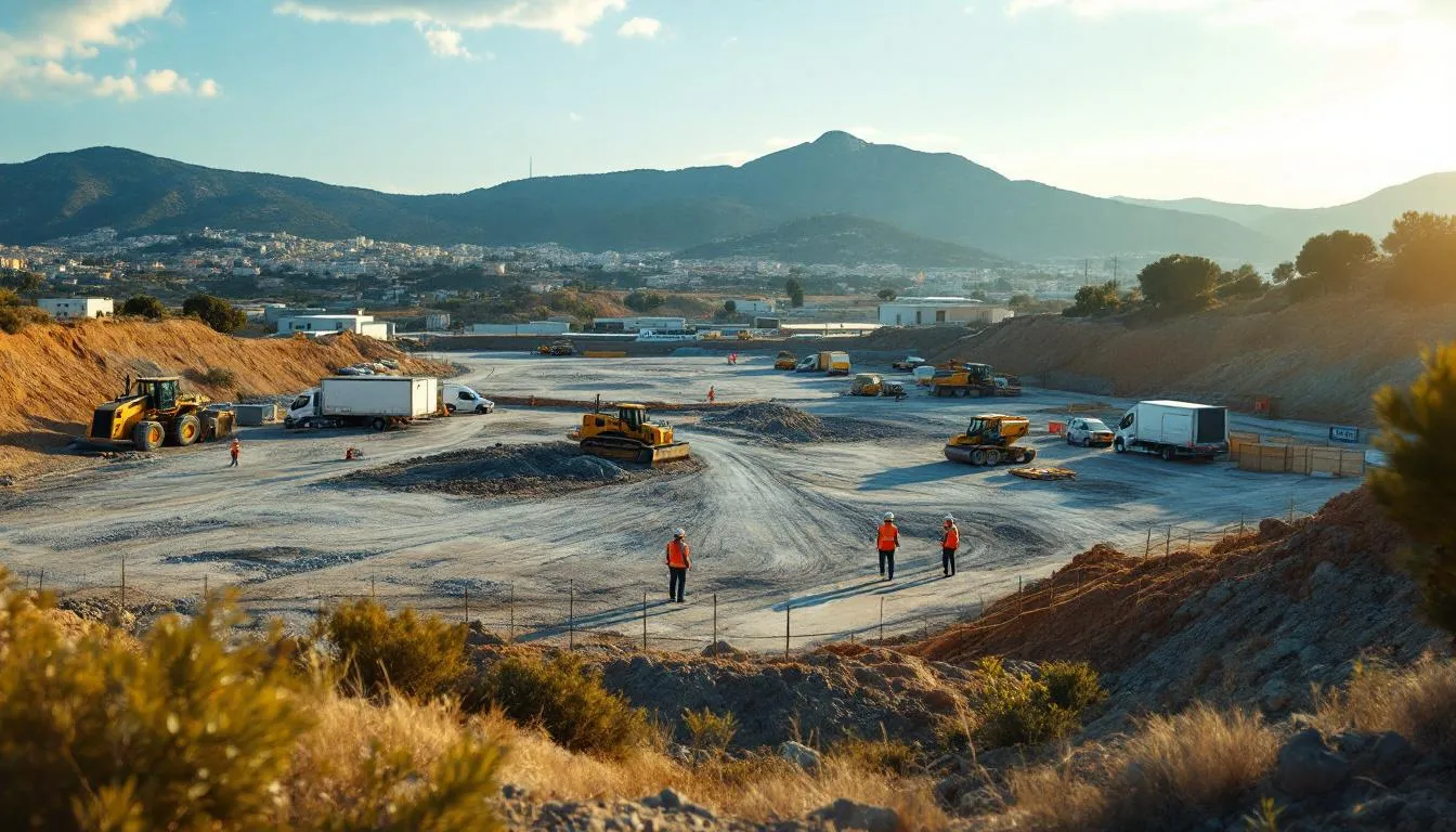 Friche industrielle de l’ancienne cimenterie Lafarge à Contes : chantier, engins et banderole CCI