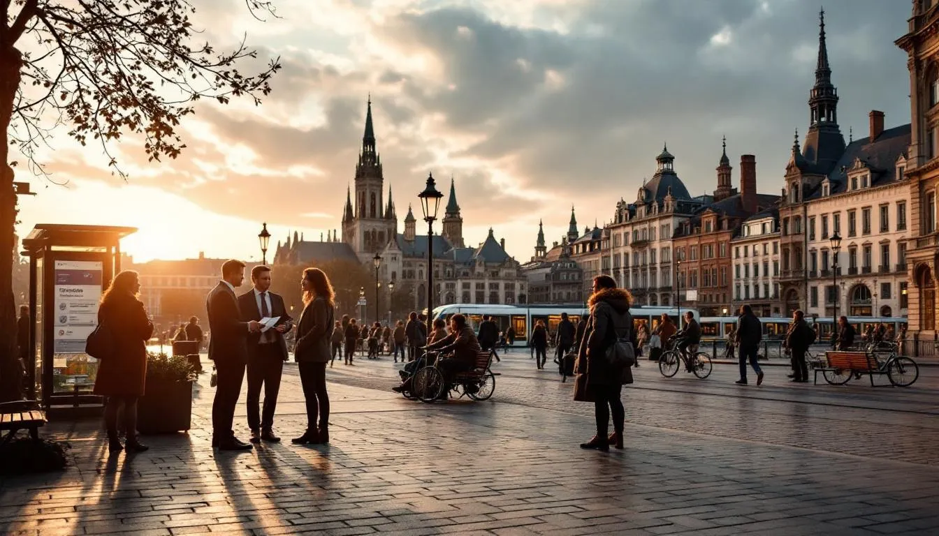 Vue parvis de Dijon au crépuscule, acteurs économiques et usagers en mouvement, ambiance éditoriale