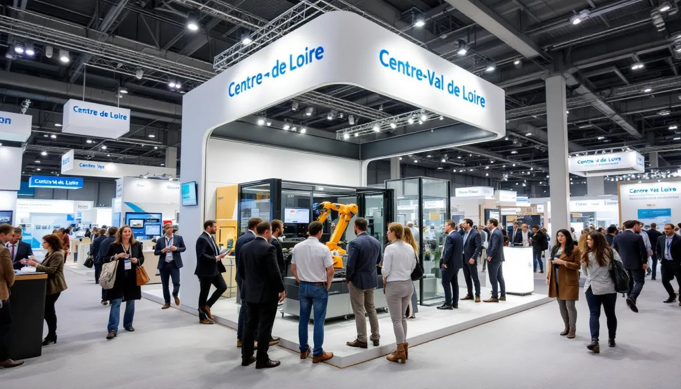 Pavillon Centre‑Val de Loire animé au salon Global Industrie, visiteurs et démonstration d'automatisation