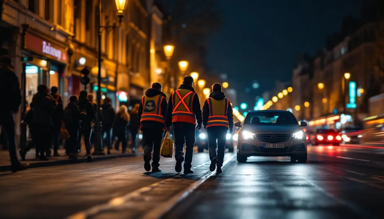 Bénévoles des Dragons raccompagnant des usagers dans le centre-ville de Rouen la nuit du réveillon