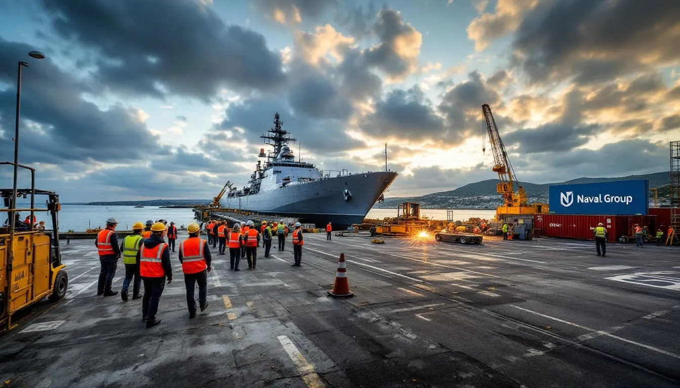 Chantier Naval Group dans le Var : navire en cale sèche, techniciens et grues au coucher du soleil