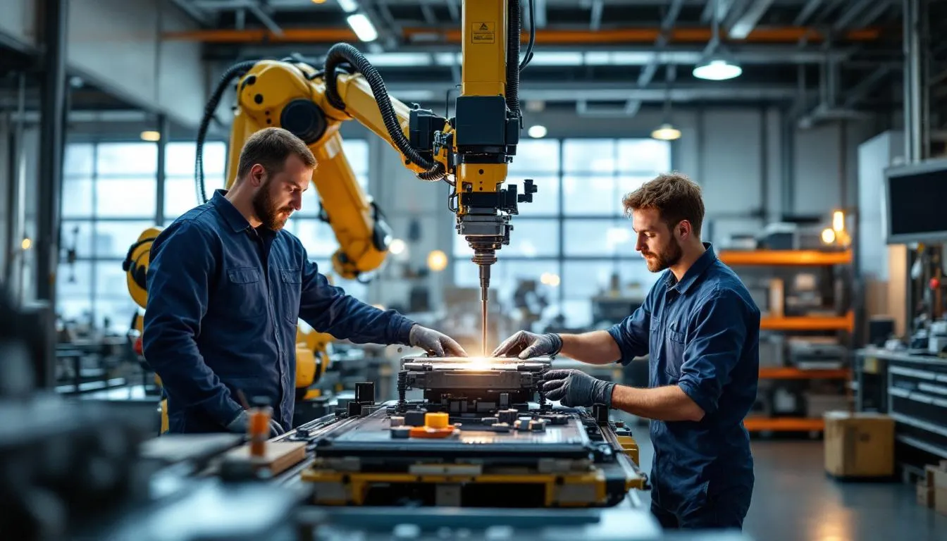 Atelier de Guignard Robotisation à Oyonnax : robot polyarticulé en action et techniciens vérifiant une station d’assemblage