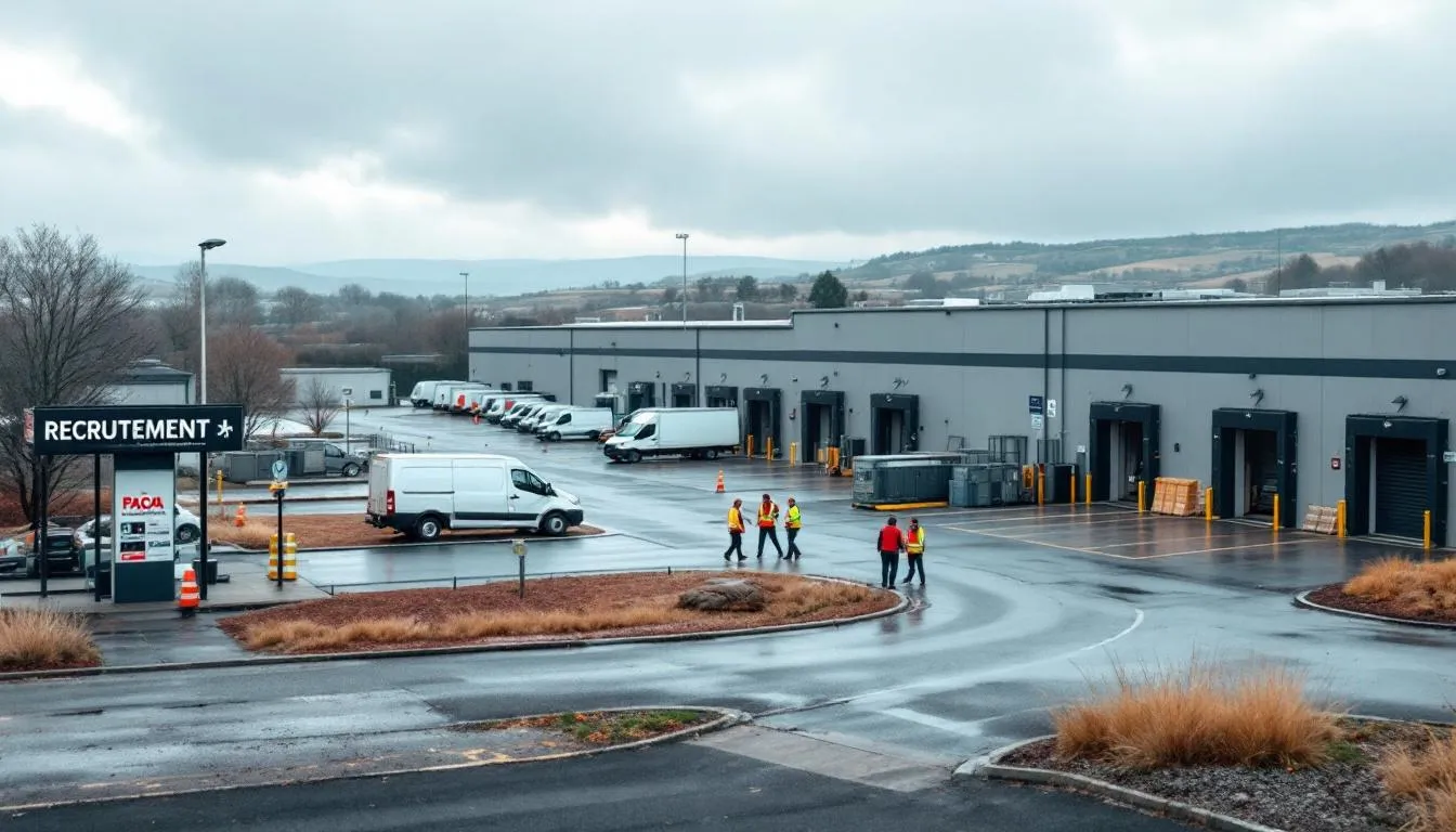 Parc industriel en PACA avec usine, ouvriers en tenue et stand de recrutement, ciel gris